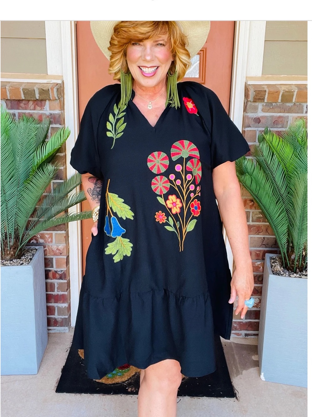 Easel Embroidered Floral Black V-Neck Women’s Dress